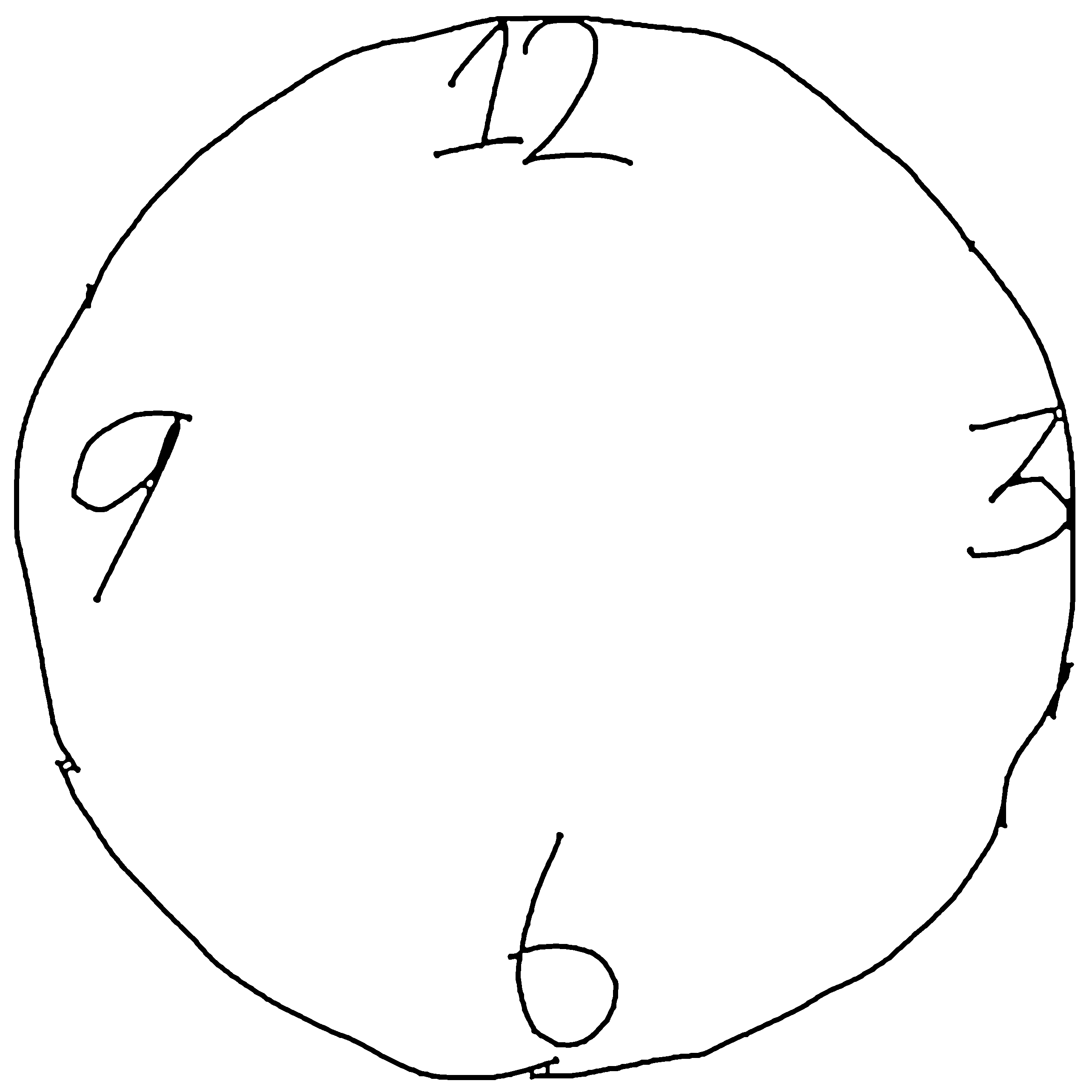 A drawing of a clock with numbers 12, 3, 6 and 9. The clock hands are made up of the word ‘confabulations’
